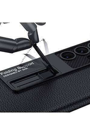 Samsung Galaxy S24 Ultra Uyumlu Karbon Fiber Suni Deri Görünümlü Standlı Lüks Telefon Kılıfı Kapak