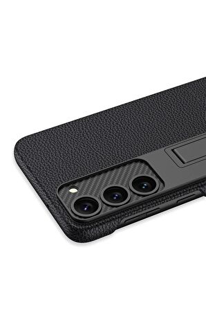 Samsung Galaxy S23 Uyumlu Karbon Fiber Suni Deri Görünümlü Standlı Lüks Telefon Kılıfı Kapak