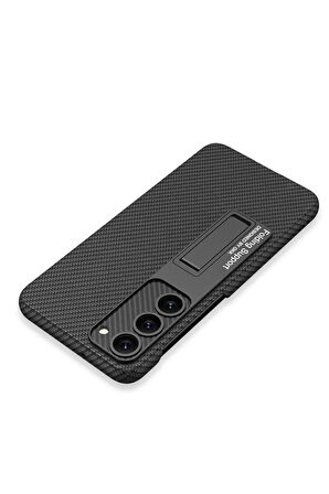 Samsung Galaxy S23 Uyumlu Karbon Fiber Suni Deri Görünümlü Standlı Lüks Telefon Kılıfı Kapak