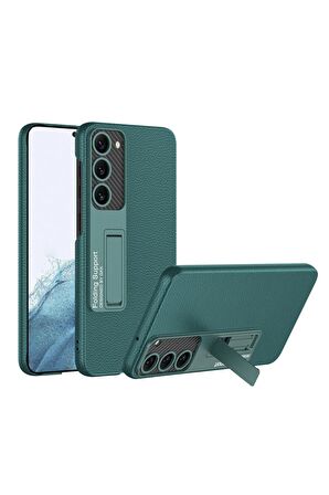 Samsung Galaxy S23 Uyumlu Karbon Fiber Suni Deri Görünümlü Standlı Lüks Telefon Kılıfı Kapak