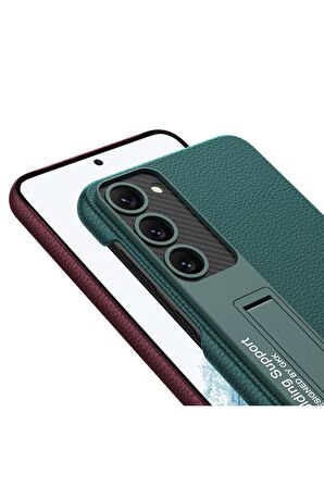 Samsung Galaxy S23 Uyumlu Karbon Fiber Suni Deri Görünümlü Standlı Lüks Telefon Kılıfı Kapak
