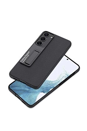 Samsung Galaxy S23 Plus Uyumlu Karbon Fiber Suni Deri Görünümlü Standlı Lüks Telefon Kılıfı Kapak