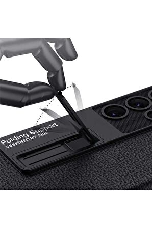 Samsung Galaxy S23 Ultra Uyumlu Karbon Fiber Suni Deri Görünümlü Standlı Lüks Telefon Kılıfı Kapak