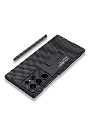 Samsung Galaxy S23 Ultra Uyumlu Karbon Fiber Suni Deri Görünümlü Standlı Lüks Telefon Kılıfı Kapak