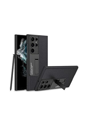 Samsung Galaxy S22 Ultra Uyumlu Karbon Fiber Suni Deri Görünümlü Standlı Lüks Telefon Kılıfı Kapak