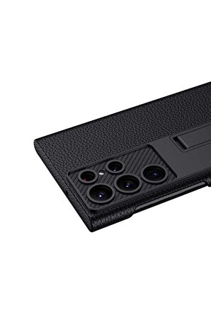 Samsung Galaxy S22 Ultra Uyumlu Karbon Fiber Suni Deri Görünümlü Standlı Lüks Telefon Kılıfı Kapak