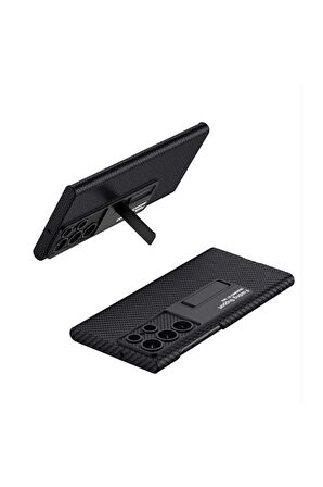 Samsung Galaxy S22 Ultra Uyumlu Karbon Fiber Suni Deri Görünümlü Standlı Lüks Telefon Kılıfı Kapak