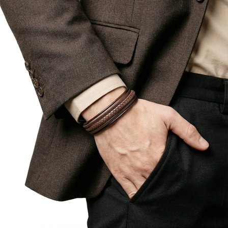 💎 Premium Kahve Tüp Örgü Ve Çoklu Deri Bileklik - Zamak Kilit 31833B2D5Z - 21 cm 