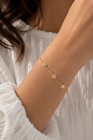 💎 Premium Parlak Gold Renk Üçlü Yıldız Figürlü Zirkon Taş Detaylı Şık Kadın Bijuteri Bileklik (22cm) 💎