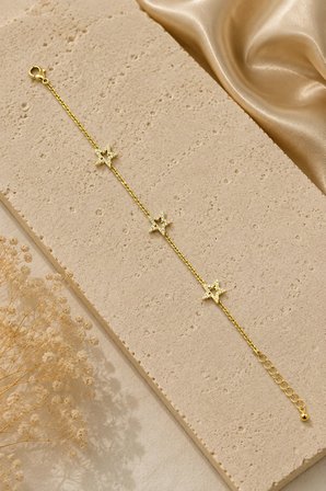 💎 Premium Parlak Gold Renk Üçlü Yıldız Figürlü Zirkon Taş Detaylı Şık Kadın Bijuteri Bileklik (22cm) 💎
