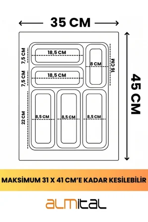 35x45 Antrasit Çekmece Içi Kaşıklık 6 gözlü Ürünü 31*41 Cm'e Kadar Kesebilirsiniz