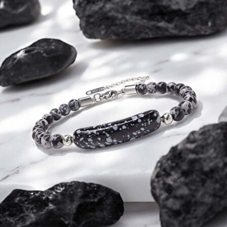   Snowy Obsidian Doğaltaş Çelik Halat Ve Çelik Klipsli Bileklik 31832B19D2 