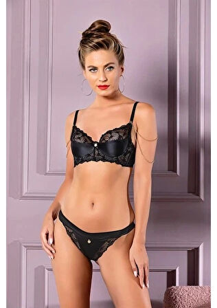 Gallipoli 31741 Zincir Detaylı Toparlayıcı Sütyen Külot Takım - Siyah - 90B