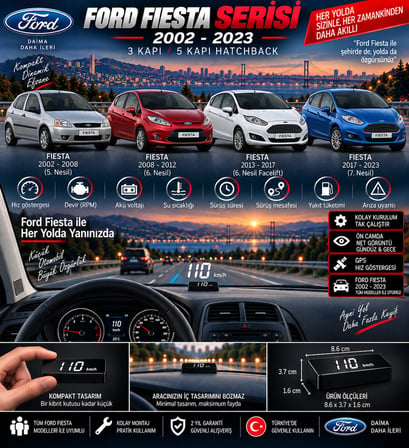 Ford Fiesta 2002-2025 modeller için head up display hayalet gösterge ekranı ön cam hız göstergesi