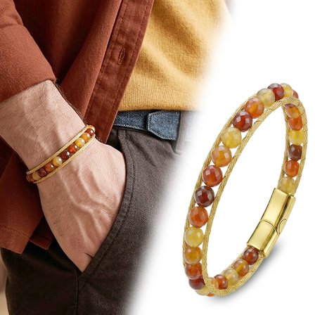 💎 Premium Altın Renk Çelik Halat Ve Titanyum Kilitli Faset Akik Bileklik 31832B2DH9 - 21 cm