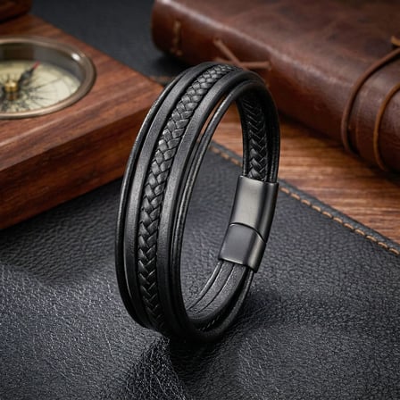 💎 Premium Siyah Tüp Örgü Ve Çoklu Deri Bileklik - Zamak Kilitli   31833B2D2Z - 21 cm