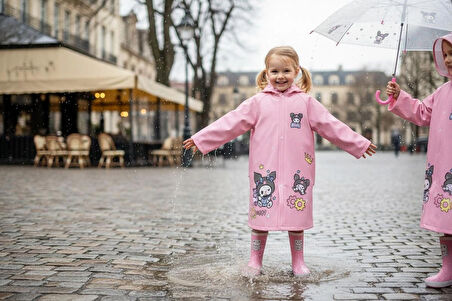 EVA Kumaş Kapüşonlu Desenli Cepsiz Çıtçıtlı Çocuk Yağmurluğu Çanta Koruyuculu Çocuk Yağmurluk