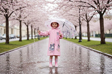 EVA Kumaş Kapüşonlu Desenli Cepsiz Çıtçıtlı Çocuk Yağmurluğu Çanta Koruyuculu Çocuk Yağmurluk