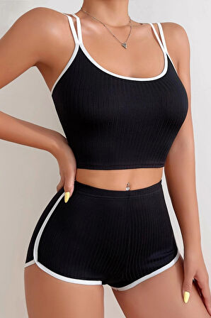 Kadın Siyah Beyaz Çapraz Lastik Detaylı Kaşkorse Şortlu Gecelik Takımı - Siyah - L-XL