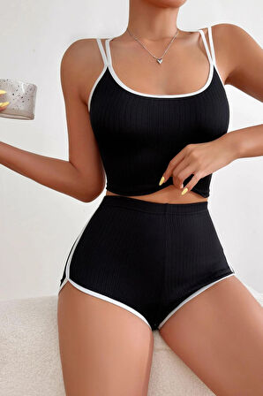 Kadın Siyah Beyaz Çapraz Lastik Detaylı Kaşkorse Şortlu Gecelik Takımı - Siyah - L-XL