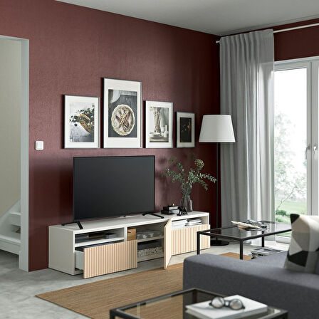 Tv sehpası, beyaz-huş kaplama, 180x42x39 cm, BJORKOVIKEN, fren raylı
