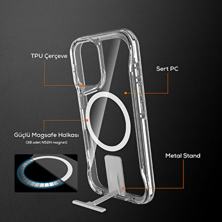 Apple iPhone 16 Uyumlu Kılıf Magsafe Wireless Şarj Özellikli Şeffaf Standlı Telefon Kılıfı