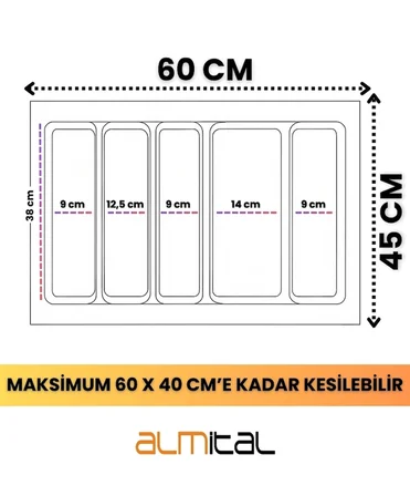  60x45 Cm. 5 Gözlü Antrasit Çekmece Içi Kepçelik 60*40 Cm'e Kadar Kesebilirsiniz