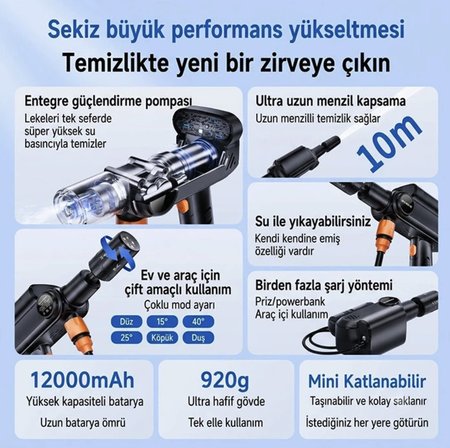 Şarjlı 60 bar basınçlı araba yıkama temizleme makinası köpüklü araba yıkama 15 metre hortum çantalı