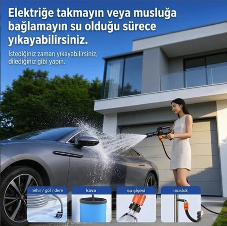 Şarjlı 60 bar basınçlı araba yıkama temizleme makinası köpüklü araba yıkama 15 metre hortum çantalı