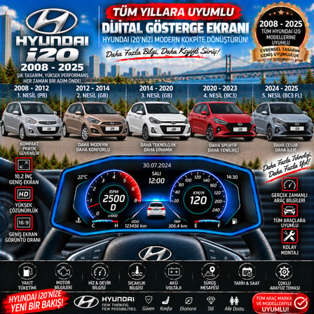 Hyundai İ20 2008-2025 için digital gösterge Odb ekran arıza göstergesi turbo gösterge hayalet ekran