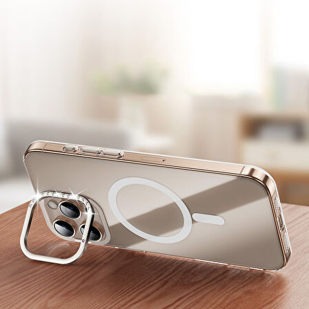 Apple iPhone 16 Pro Uyumlu Kılıf Magsafe Kamera Standlı Taşlı Kadın Telefon Kılıfı Kapak