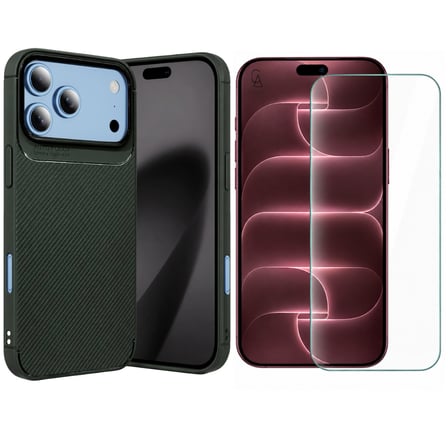 Apple iPhone 18 Pro Max ile Uyumlu Karbon Tasarım Silikon Telefon Kılıfı ve Temperli Cam Ekran Koruyucu