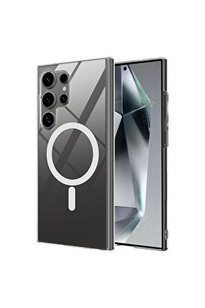 Samsung Galaxy S25 Ultra ile Uyumlu Kılıf Magsafe Şarj Özellikli Şeffaf Tek Kamera Çerçeveli Kapak