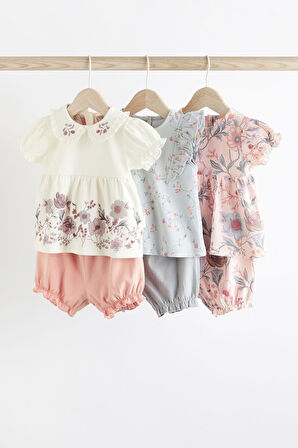 Next Baby 100 Pamuklu Pembe Çiçek Desenli Kısa Kollu Şortlu 3’lü Alt İst Takım