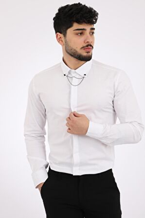 Stil Kombin Slim Fit Likralı Zincirli Gömlek