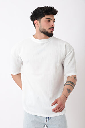 Petekli Model Bisiklet Yaka Oversize Tişört STU-2468_30462