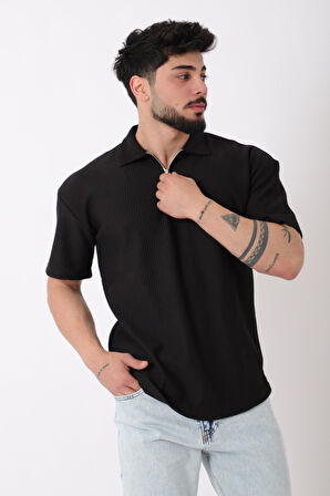 Çizgili Yakalı Yarım Fermuar Oversize Tişört STU-2473_30464