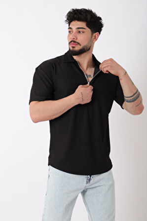 Çizgili Yakalı Yarım Fermuar Oversize Tişört STU-2473_30464