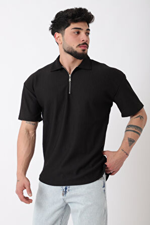 Çizgili Yakalı Yarım Fermuar Oversize Tişört STU-2473_30464