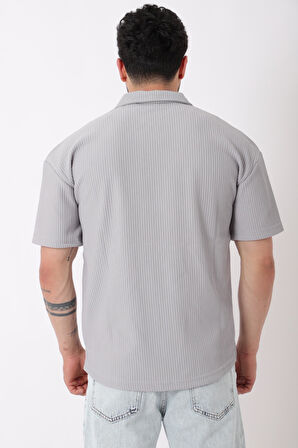 Çizgili Yakalı Yarım Fermuar Oversize Tişört STU-2473_30464