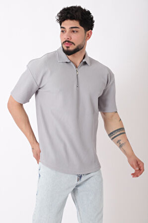 Çizgili Yakalı Yarım Fermuar Oversize Tişört STU-2473_30464