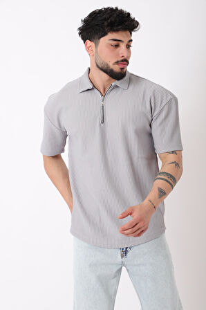 Çizgili Yakalı Yarım Fermuar Oversize Tişört STU-2473_30464