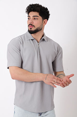 Çizgili Yakalı Yarım Fermuar Oversize Tişört STU-2473_30464