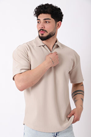 Çizgili Yakalı Yarım Fermuar Oversize Tişört STU-2473_30464