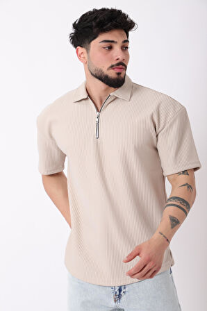 Çizgili Yakalı Yarım Fermuar Oversize Tişört STU-2473_30464