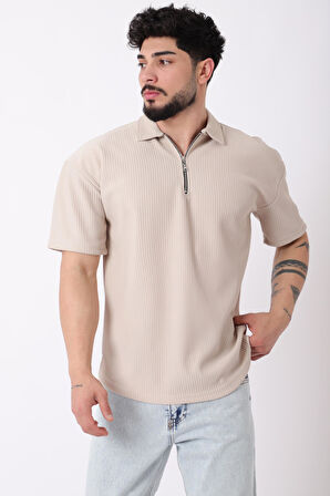 Çizgili Yakalı Yarım Fermuar Oversize Tişört STU-2473_30464