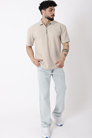 Çizgili Yakalı Yarım Fermuar Oversize Tişört STU-2473_30464