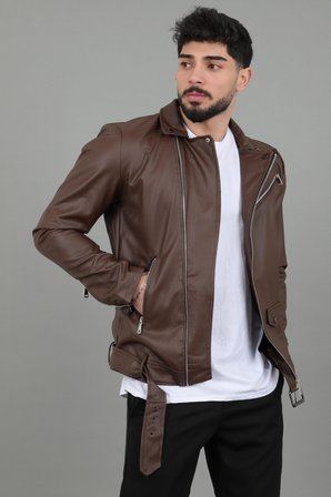 Stil Kombin Kuzey Beli Kemerli Suni Deri Ceket BL 1261