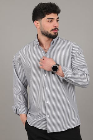 İnce Çizgili Oversize Yazlık Uzun Kol Gömlek MRS 218_40415