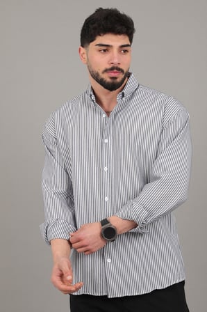 İnce Çizgili Oversize Yazlık Uzun Kol Gömlek MRS 218_40415